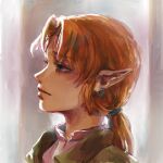  1boy blonde_hair closed_mouth earrings green_shirt grey_shirt highres jewelry link male_focus parted_bangs pointy_ears ponytail portrait profile psp26958748 shirt solo the_legend_of_zelda 