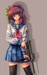  1990s_(style) 1girl angel_beats! black_thighhighs blue_skirt green_eyes gun highres long_sleeves longmei_er_de_tuzi m3_submachine_gun nakamura_yuri purple_hair retro_artstyle school_uniform shadow shirt skirt solo submachine_gun thighhighs trigger_discipline weapon white_shirt 