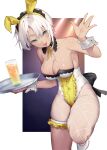  1girl animal_ears bare_shoulders blue_eyes breasts fishnets glass highres large_breasts looking_at_viewer original playboy_bunny rabbit_ears short_hair simple_background solo thick_thighs thigh_strap thighs tokuno_yuika tongue tongue_out tray white_hair 