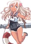 1girl black_neckerchief black_one-piece_swimsuit blonde_hair blue_eyes crop_top feet_out_of_frame flower fuji_(pixiv24804665) grey_sailor_collar hair_flower hair_ornament highres japanese_flag kantai_collection lifebuoy long_hair looking_at_viewer neckerchief one-piece_swimsuit one-piece_tan ro-500_(kancolle) sailor_collar school_swimsuit shirt simple_background sleeveless sleeveless_shirt smile solo swimsuit swimsuit_under_clothes tan tanlines torpedo white_background 