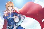  1girl armor artoria_pendragon_(fate) artoria_pendragon_(lancer)_(fate) blue_dress breasts cape crown dress expressionless fate/grand_order fate_(series) faulds fur-trimmed_cape fur_trim green_eyes hair_between_eyes hand_on_own_hip impossible_clothes impossible_dress large_breasts looking_at_viewer red_cape short_hair short_hair_with_long_locks sidelocks skin_tight solo swept_bangs teko vambraces 