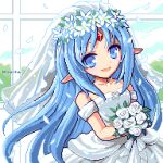  1girl blue_eyes blue_hair bouquet bridal_veil dress flower forehead_jewel head_wreath hiroita holding holding_bouquet jewelry looking_at_viewer necklace pixel_art pointy_ears rance_(series) reset_kalar smile solo veil wedding_dress white_dress white_flower 