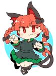  1girl :3 animal_ear_fluff animal_ears black_footwear blush braid cat_ears cat_tail closed_mouth dress full_body green_dress highres ini_(inunabe00) kaenbyou_rin long_hair long_sleeves multiple_tails red_eyes red_hair shoes smile solo tail touhou twin_braids two_tails 
