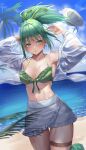  1girl absurdres aged_up alternate_costume beach bikini bikini_top_only breasts cleavage cowboy_shot duel_monster green_eyes green_hair hat highres jacket long_sleeves looking_at_viewer medium_breasts open_clothes open_jacket palm_tree parted_lips pom_pom_(clothes) ponytail sayaka_ikku single_bare_shoulder skirt sky solo stomach swimsuit thigh_strap tree wynn_(yu-gi-oh!) yu-gi-oh! 
