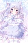  1girl animal_ear_fluff animal_ears blue_bow blush bow closed_mouth coat_dress commentary_request dress frilled_dress frills fur_trim hair_between_eyes hair_ornament hairclip long_hair long_sleeves looking_at_viewer original purple_dress purple_eyes purple_hair shiratama_(shiratamaco) solo thighhighs twintails very_long_hair white_thighhighs winter_clothes zettai_ryouiki 