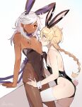  2boys absurdres aether_(genshin_impact) animal_ears black_leotard blonde_hair blush bow bowtie braid bulge closed_mouth crossdressing cyno_(genshin_impact) dark-skinned_male dark_skin detached_collar earrings genshin_impact grey_hair hair_between_eyes highres jewelry leotard licking licking_nipple long_hair male_focus multiple_boys nipples orange_eyes otoko_no_ko pantyhose playboy_bunny rabbit_ears rabbit_tail red_eyes single_braid single_earring tail thighhighs twitter_username wai1010 white_hair white_thighhighs wrist_cuffs yaoi 