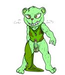  anthro bear bodily_fluids bottomless bottomwear bottomwear_around_one_leg clothed clothing clothing_around_one_leg dog_tags drooling erection flippy_(htf) genital_fluids happy_tree_friends hi_res illegaleel leaking_precum male mammal pants pants_around_one_leg precum pubes saliva shirt solo sweat sweat_stain tank_top topwear 