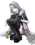  1girl absurdres add_(fate) birdcage boots cage cloak cross-laced_footwear fate/grand_order fate_(series) food frills fur_trim gray_(fate) green_eyes grey_cloak grey_hair highres holding holding_food holding_popsicle hood hood_up hooded_cloak koma_(86355254) lace-up_boots looking_at_viewer lord_el-melloi_ii_case_files pleated_skirt popsicle purple_skirt shaded_face sidelocks simple_background skirt solo squatting thigh_boots white_background 