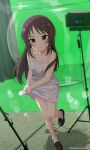  1girl absurdres black_footwear blurry blurry_background blush brown_eyes brown_hair collarbone commentary_request dot_nose dress female_child fishbowl flat_chest green_screen highres hmax idolmaster idolmaster_cinderella_girls idolmaster_cinderella_girls_u149 indoors legs long_hair looking_ahead panties panty_peek parted_lips reflector_(photography) shoes sidelocks sleeveless sleeveless_dress socks solo sparkle standing standing_on_one_leg tachibana_arisu thighs underwear v-shaped_eyebrows wet wet_clothes wet_dress wet_hair white_dress white_panties white_socks 