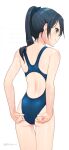  1girl ass bare_arms bare_legs bare_shoulders barefoot black_eyes black_hair blue_one-piece_swimsuit closed_mouth commission competition_swimsuit cowboy_shot from_behind houshou_(kancolle) kantai_collection koruri long_hair one-piece_swimsuit ponytail simple_background skeb_commission smile solo swimsuit twitter_username wet wet_clothes wet_swimsuit white_background 