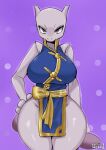  asian_clothing big_breasts breasts clothing female generation_1_pokemon hand_on_hip hi_res legendary_pokemon looking_at_viewer martial_arts_style_mewtwo mewtwo mouthless nintendo pokemon pokemon_(species) small_waist solo tail thick_thighs wide_hips wozzu1 