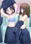  3girls armpits arms_up bare_arms bare_shoulders blue_bra blue_eyes blue_sailor_collar blue_serafuku blue_shirt blue_skirt blush bra breasts brown_hair collarbone commentary_request green_bra green_eyes highres indoors long_hair multiple_girls navel nedia_(nedia_region) original parted_lips pleated_skirt purple_hair sailor_collar school_uniform serafuku shirt skirt small_breasts standing underwear undressing v-shaped_eyebrows wavy_mouth 
