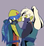  bandanna blush clothing duo eyes_closed kerchief kissing lagomorph leonardo_(tmnt) leporid male male/male mammal rabbit reptile rise_of_the_teenage_mutant_ninja_turtles romantic scalie simple_background teenage_mutant_ninja_turtles turtle usagi_yojimbo yuichi_usagi 