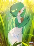  1other :o blurry collarbone colored_skin commentary_request copyright_name day finger_to_mouth gardevoir grass hand_up highres looking_at_viewer open_mouth orange_eyes outdoors pokemon pokemon_(game) pokemon_unite shushing suahh tall_grass twitter_username white_skin 