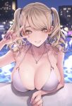  1girl absurdres arm_up bare_arms bare_shoulders bikini blurry blurry_background blush breast_rest breasts brown_eyes brown_hair cleavage collarbone depth_of_field earrings grin gyaru halterneck highres jewelry kogal koh_(minagi_kou) large_breasts long_hair looking_at_viewer mole mole_on_breast mole_under_eye nail_polish necklace night o-ring o-ring_bikini o-ring_top original pool poolside purple_nails revision skindentation smile solo strap_gap string_bikini swimsuit teeth twintails v water water_drop wet white_bikini 