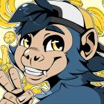  1:1 5_fingers anthro corduroy_(hunterstirling) fingers fur gesture haplorhine hi_res icon knife-boy male mammal monkey primate smile solo v_sign yellow_eyes 