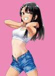  1girl 774_(nanashi) artist_request black_hair blush brown_eyes check_artist denim denim_shorts eyelashes hair_ornament hairclip happy highres ijiranaide_nagatoro-san long_hair looking_at_viewer midriff nagatoro_hayase navel official_art pink_background shorts simple_background smile solo source_request standing tank_top white_tank_top 