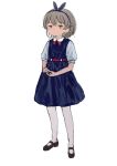  1girl alternate_costume asasow belt blue_bow blue_dress blue_hairband bow brown_eyes brown_hair closed_mouth collared_shirt commentary_request dress expressionless full_body grey_sleeves hair_bow hairband hatoba_tsugu highres looking_at_viewer mary_janes medium_hair mole mole_under_eye neck_ribbon own_hands_together pantyhose pinafore_dress puffy_short_sleeves puffy_sleeves red_belt red_ribbon ribbon shirt shoes short_sleeves simple_background sleeveless sleeveless_dress solo standing tsugu_(vtuber) virtual_youtuber white_background white_pantyhose 