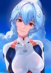  1girl absurdres ayanami_rei blue_hair blue_sky bodysuit breasts cloud cloudy_sky day dress highres interface_headset light_smile medium_breasts mirachka neon_genesis_evangelion outdoors pilot_suit plugsuit red_eyes short_hair sky smile solo white_bodysuit yellow_eyes 
