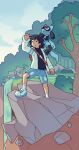  1boy arm_up bag black_hair black_shirt blue_shorts brown_eyes closed_mouth commentary commission day english_commentary full_body highres holding holding_poke_ball jacket magicact male_focus medium_hair on_shoulder open_clothes open_jacket original outdoors poke_ball poke_ball_(basic) pokemon pokemon_(creature) pokemon_on_shoulder riolu river shirt shoes shorts smile sneakers socks standing tree water waterfall white_footwear white_jacket white_socks 