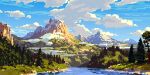  blue_sky cloud cloudy_sky forest mountain mountainous_horizon nature no_humans original philipp_urlich pine_tree pixel_art river riverbank rock scenery shore sky tree water 