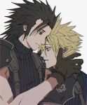  2boys armor black_hair blonde_hair blue_eyes brown_gloves cloud_strife ear_piercing earrings facing_to_the_side final_fantasy final_fantasy_vii gloves grey_background hand_on_another&#039;s_neck hug jewelry light_frown light_smile looking_down male_focus medium_hair mtr_dayoo multiple_boys pauldrons piercing short_hair shoulder_armor simple_background sleeveless sleeveless_turtleneck spiked_hair stud_earrings suspenders turtleneck upper_body zack_fair 