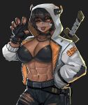  1girl abs absurdres bandage_on_face bandages black_nails brown_hair choker claw_pose dark_skin ezzyecchi fangs gun hand_in_pocket handgun highres holster horns jacket jewelry looking_at_viewer muscular muscular_female necklace one_eye_closed orange_eyes original short_hair simple_background solo sword tongue tongue_out weapon weapon_on_back 