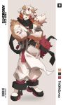 1boy arknights bara chinese_clothes crossed_arms furry furry_male gloves highres horns hung_(arknights) ibara_dance looking_at_viewer male_focus mythological_creature pants shirt single_horn sleeveless sleeveless_shirt smile solo white_gloves white_pants white_shirt 