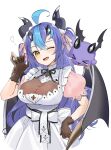  1girl ;d bangs bat_wings blush breasts brown_gloves character_request dress fangs gloves gotou_(nekocat) hand_on_hip hand_up highres horns large_breasts long_hair looking_at_viewer mole mole_under_eye one_eye_closed oni_horns open_mouth orange_eyes puffy_short_sleeves puffy_sleeves see-through short_sleeves simple_background smile white_background white_dress wings 
