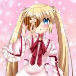  1girl back_bow blonde_hair blue_eyes blush bow box brown_ribbon commentary_request commission covering_one_eye dress frilled_sleeves frills gift hair_between_eyes heart-shaped_box highres holding holding_gift long_hair long_sleeves looking_at_viewer nakatsu_shizuru natsuoto_rito open_mouth pink_background pink_bow pink_dress red_ribbon rewrite ribbon school_uniform second-party_source shy simple_background skeb_commission solo straight-on straight_hair twintails valentine very_long_hair wide_sleeves 