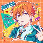  1boy blonde_hair character_name collared_shirt commentary_request confetti dated diagonal-striped_necktie drawstring ear_chain hand_up happy_birthday hitopm hood hood_down hooded_jacket jacket kamiyama_high_school_uniform_(project_sekai) long_sleeves looking_at_viewer male_focus multicolored_hair necktie open_clothes open_jacket orange_hair project_sekai school_uniform shinonome_akito shirt short_hair solo star_(symbol) streaked_hair tongue tongue_out two-tone_hair upper_body yellow_eyes 
