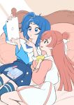  2girls bangs blue_eyes blue_hair blue_skirt blue_thighhighs commentary dress green_eyes half_updo highres hirogaru_sky!_precure holding holding_tablet_pc journal kikurage_(crayon_arts) long_hair long_sleeves mirage_pen multiple_girls nijigaoka_mashiro on_bed pink_hair precure sailor_collar scrunchie side_ponytail single_sidelock skirt sora_harewataru tablet_pc thighhighs white_sailor_collar wrist_scrunchie zettai_ryouiki 