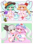  4girls absurdres alternate_costume aqua_background aqua_headwear black_hairband black_headwear blonde_hair blush border breasts clothes_writing crystal_wings fingernails flandre_scarlet flat_chest green_background green_eyes green_hair grey_hair hairband half-closed_eyes hands_up hat hat_ribbon highres komeiji_koishi konpaku_youmu konpaku_youmu_(ghost) leaning_on_person light_green_background medium_breasts mob_cap multiple_girls open_mouth orange_eyes pink_hair red_ribbon ribbon ribbon-trimmed_headwear ribbon_trim saigyouji_yuyuko shirt short_hair short_sleeves side_ponytail signature smile sweatdrop third_eye touhou two-tone_background upper_body utyouten_akako white_border white_headwear white_shirt wings yellow_ribbon 