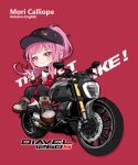  1girl absurdres baseball_cap black_pants blush character_name chibi copyright_name ducati ducati_diavel_1260 english_text grey_footwear hat highres hololive hololive_english jacket long_hair looking_at_viewer mori_calliope mori_calliope_(2nd_costume) motor_vehicle motorcycle multicolored_clothes multicolored_jacket official_alternate_costume on_motorcycle pants pink_hair ponytail red_background red_eyes shoes sitting smile sneakers solo track_pants two-tone_jacket v vehicle_name virtual_youtuber yoyoko707 