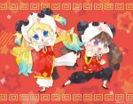  2girls animal_costume animal_ears animal_hood blonde_hair blue_eyes brown_hair chinese_clothes fujishima_megumi hood kikuchi_milo link!_like!_love_live! long_hair looking_at_viewer love_live! multiple_girls open_mouth osawa_rurino panda_costume panda_ears panda_hood purple_eyes simple_background smile twintails 