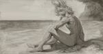  ambiguous_gender anthro beach dragon hair hi_res horn kheltari landscape long_snout monochrome muscular muscular_anthro nude sea seaside side_view sitting sketch snout solo water 
