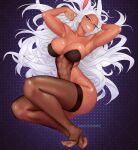 1girl :d animal_ears arm_behind_head armpits arms_up artist_name bare_arms bare_shoulders boku_no_hero_academia breasts cleavage collarbone covered_abs covered_navel curvy dark-skinned_female dark_skin dorsiflexion english_commentary feet full_body gabriel_carrasquillo highleg highleg_leotard large_breasts legs leotard long_eyelashes long_hair looking_at_viewer mirko nail_polish parted_bangs patreon_username pink_nails rabbit_ears rabbit_girl red_eyes see-through see-through_legwear see-through_leotard shiny_skin smile solo strapless strapless_leotard sweat teeth thick_thighs thighhighs thighs toes toned very_long_hair white_hair wide_hips 