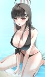  1girl absurdres bikini black_bikini black_hair blue_archive breasts bright_pupils educk hair_ornament hairclip halo highres kneeling large_breasts long_hair partially_submerged red_eyes rio_(blue_archive) solo swimsuit very_long_hair water white_pupils 