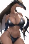  ai_generated anthro beak big_breasts bikini black_body black_feathers black_sclera breasts claws clothing deinocheirus dinosaur feathers female feral hear_me_out light_body light_skin looking_at_viewer navel reptile scalie solo swimwear thick_thighs white_body white_feathers yellow_eyes 