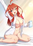  1girl absurdres ahoge barefoot blue_eyes blush bottomless breasts cleavage collarbone commentary_request dress_shirt go-toubun_no_hanayome hair_between_eyes hair_ornament highres holding_carton kosmos_beta large_breasts long_hair looking_at_viewer nakano_itsuki naked_shirt navel no_bra no_panties open_clothes open_mouth open_shirt paid_reward_available red_hair shirt solo star_(symbol) star_hair_ornament white_shirt 