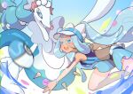  1girl blue_eyes blue_hair colored_eyelashes dive_ball hatsune_miku long_hair mizuiro123 open_mouth poke_ball pokemon pokemon_(creature) primarina project_voltage starfish_hair_ornament swimsuit tan tanlines twintails very_long_hair visor_cap vocaloid water_miku_(project_voltage) 
