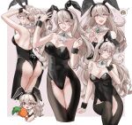  1girl absurdres animal_ears arm_support ass bare_shoulders blush breasts chibi commentary corrin_(female)_(fire_emblem) corrin_(fire_emblem) detached_collar fake_animal_ears fake_tail fire_emblem fire_emblem_fates from_behind hair_ornament hand_up highres leo_(fire_emblem) leotard long_hair looking_at_viewer medium_breasts multiple_views one_eye_closed open_mouth pointy_ears rabbit_tail red_eyes simple_background sitting sobasakuhin speech_bubble strapless strapless_leotard sweat sweatdrop symbol-only_commentary tail white_hair wrist_cuffs 