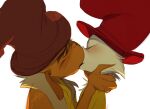  anthro blush clothing dr._seuss duo eyes_closed green_eggs_and_ham_(animated_series) guy-am-i hand_on_neck hand_on_shoulder hat headgear headwear humanoid kissing lillayfran male male/male sam-i-am simple_background white_background 