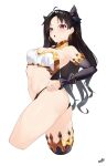  1girl :o bikini black_hair black_ribbon black_sleeves breasts cropped_legs detached_sleeves earrings fate/grand_order fate_(series) from_side gold_trim hair_ribbon highres hoop_earrings ishtar_(fate) jewelry kurozawa_yui long_hair looking_at_viewer mismatched_bikini navel open_mouth parted_bangs red_eyes ribbon single_detached_sleeve single_thighhigh small_breasts solo swimsuit thighhighs twisted_torso two_side_up white_background 