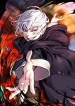 1boy black_cloak blurry blurry_background cloak gem grin highres long_sleeves magic male_focus nishiki_areku ourn_the_inventor outdoors outstretched_hand pixiv_fantasia pixiv_fantasia_last_saga pouch red_eyes short_hair smile solo white_hair 