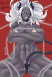  abs absurd_res areola big_breasts big_hair black_horn breasts chain crossed_arms demon demon_humanoid eljarochofeliz eyelashes female grey_body grey_skin hair helltaker hi_res horn horned_humanoid huge_breasts humanoid judgement_(helltaker) looking_at_viewer muscular muscular_female navel nipples nude pink_areola pink_nipples pubes red_background simple_background smile solo spade_tail spread_legs spreading tail thick_thighs white_eyes white_hair white_pubes wide_hips 