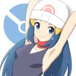  1girl armpits arms_behind_head beanie black_hair blue_eyes breasts closed_mouth commentary_request dawn_(pokemon) eyelashes hair_ornament hairclip hat highres long_hair poke_ball_symbol pokemon pokemon_(game) pokemon_dppt scarf shirt sidelocks sleeveless sleeveless_shirt smile solo try200277 upper_body white_background white_headwear 