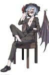  1girl alternate_costume bat_wings black_gloves black_headwear black_pants black_suit blue_hair chair gloves hat hat_ribbon highres mob_cap no_bra no_shirt pants red_eyes remilia_scarlet ribbon short_hair simple_background sitting solo suit sunglasses touhou vampire white_background wings youpofen 