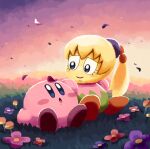  :o aruco_co blonde_hair blue_eyes blush blush_stickers closed_mouth eyelashes falling_petals flower fumu_(kirby) gradient_sky grass green_eyes highres kirby kirby:_right_back_at_ya kirby_(series) long_hair looking_at_another looking_to_the_side on_grass open_mouth outdoors petal_on_head petals pink_flower ponytail purple_flower red_flower sitting sky sunset 