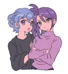  2girls black_shirt blue_eyes blue_hair closed_mouth cropped_torso crossed_arms dorothy_west hair_between_eyes hand_on_another&#039;s_arm hand_up long_hair long_sleeves looking_at_viewer multiple_girls open_mouth pink_sweater pretty_(series) pripara purple_hair rituyama1 shirt short_hair side_ponytail simple_background sweater toudou_shion turtleneck turtleneck_sweater upper_body white_background yellow_eyes 